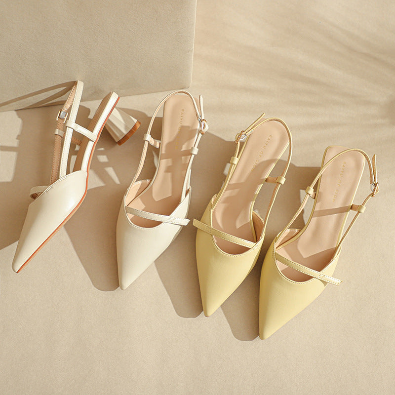 Chunky Low Heel Pointed Leather Sandals