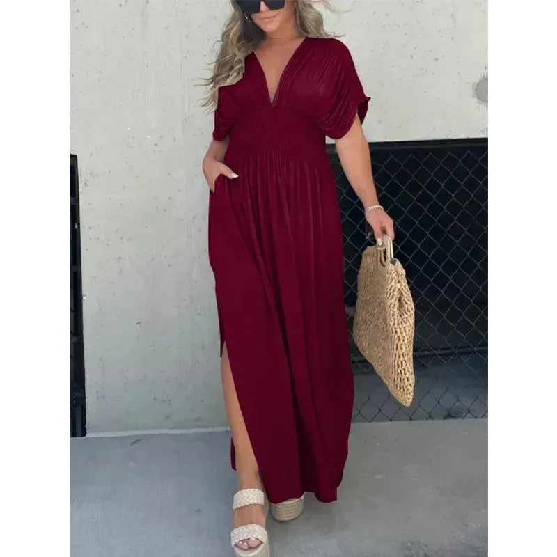 Sommer-Maxikleid mit Fledermausärmeln, V-Ausschnitt und Schlitz