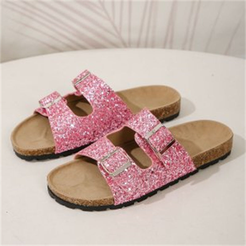 Sequined Double Buckle Summer Slides