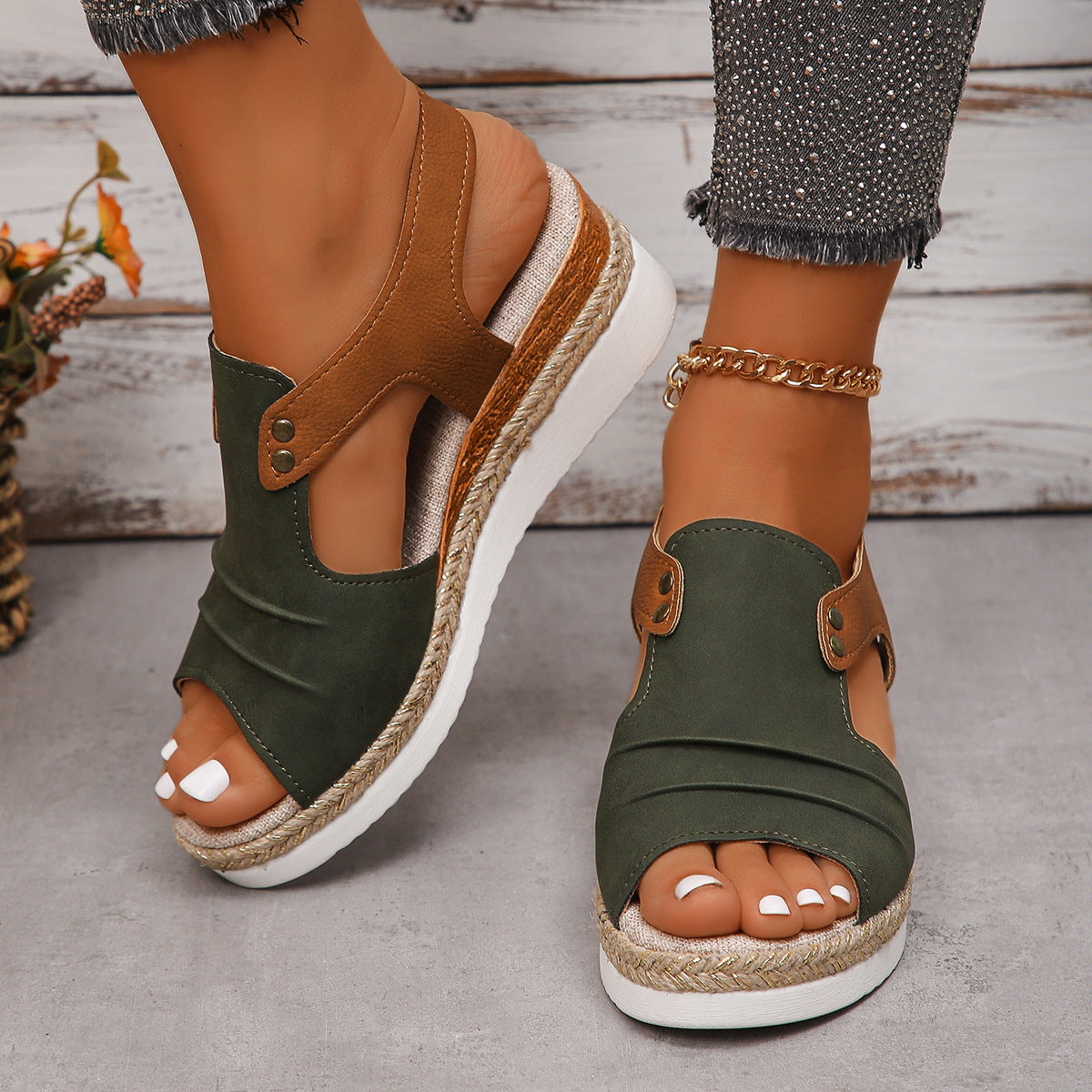 Straw Peep Toe Wedge Sandals for Women