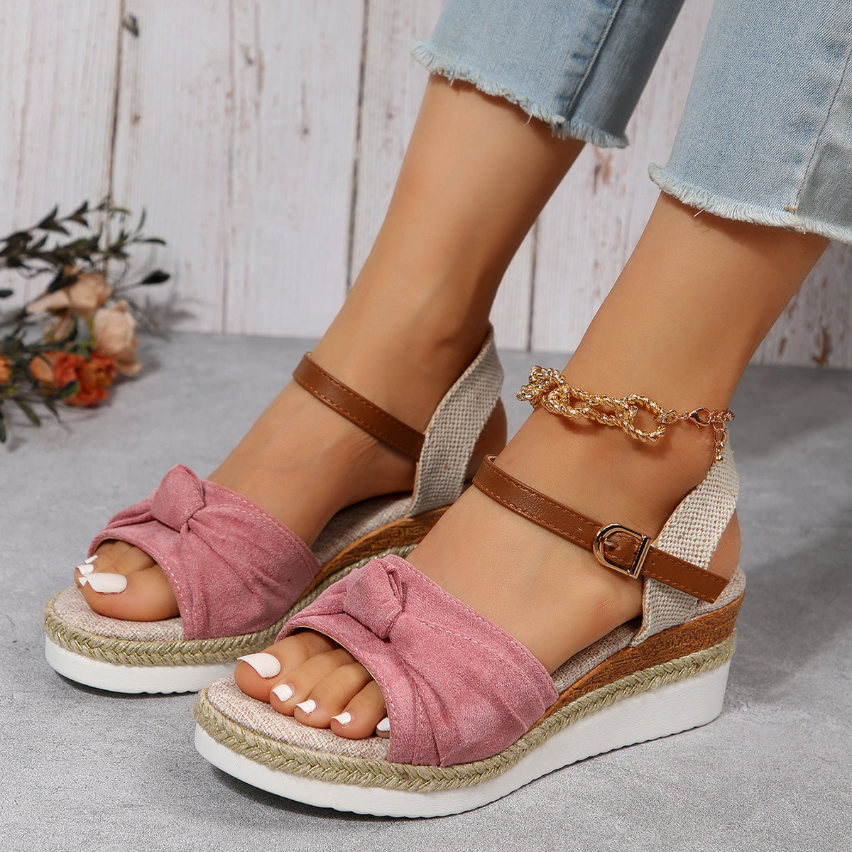 Thick-Soled Bow Linen Wedge Sandals