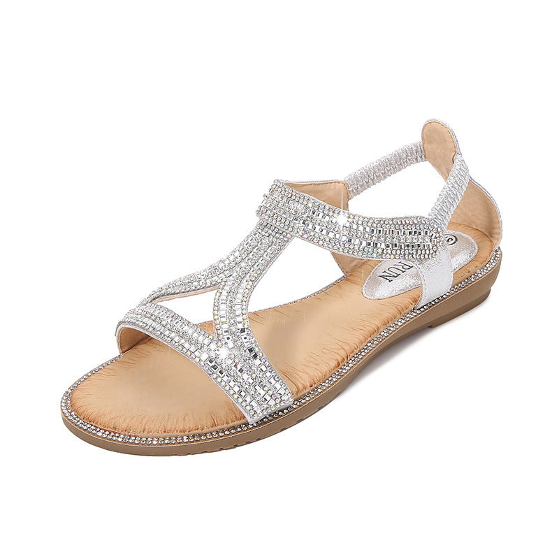 Boho Hohle Flache Strass Sandalen
