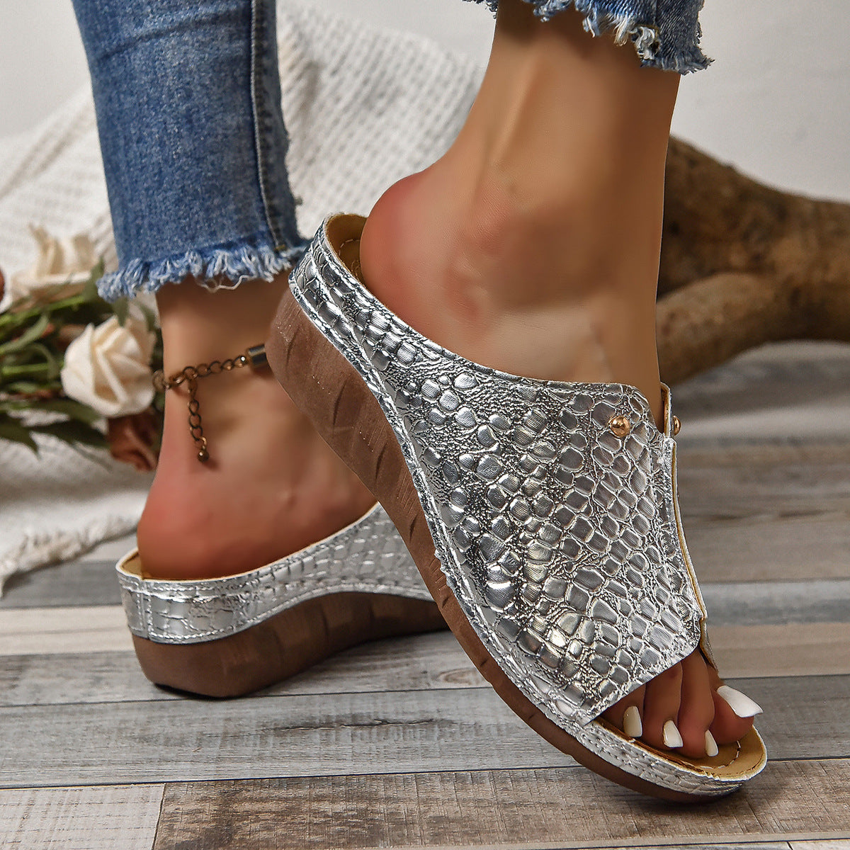 Crocodile-Pattern Wedge Sandals