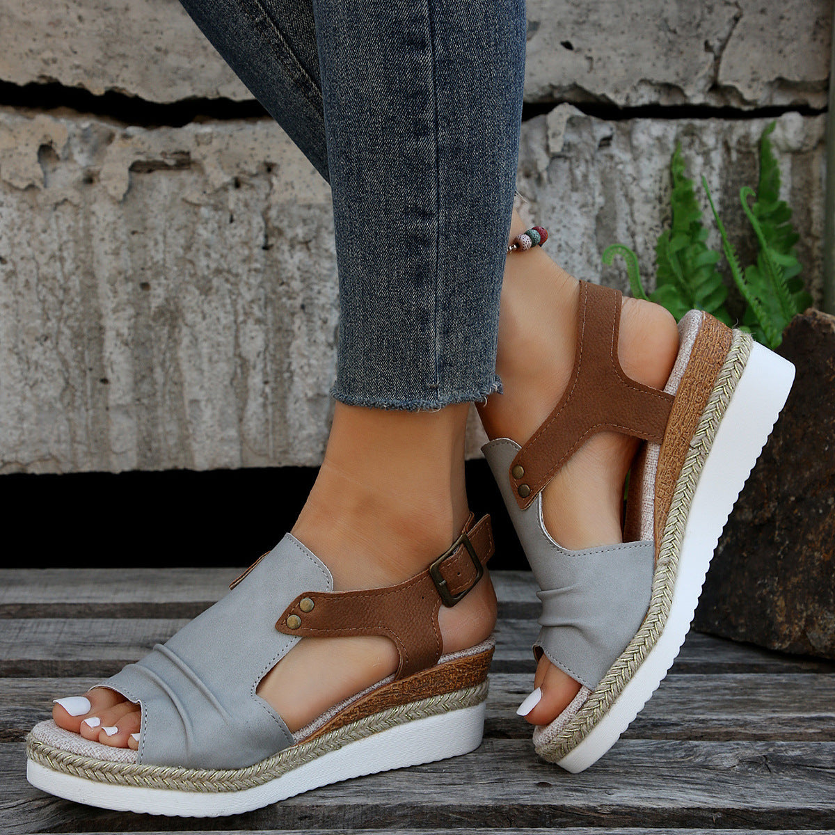 Straw Peep Toe Wedge Sandals for Women