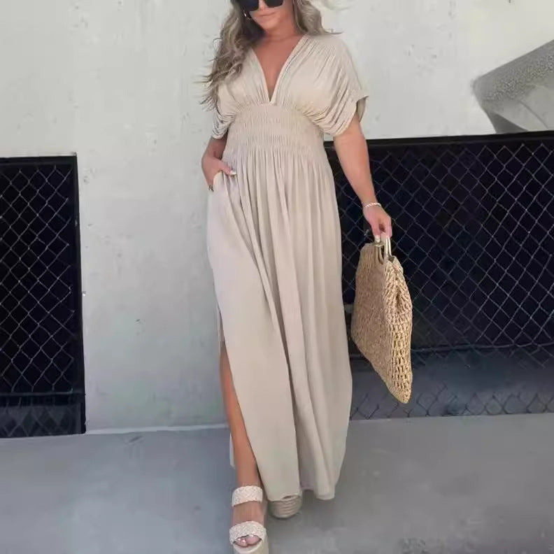 Sommer-Maxikleid mit Fledermausärmeln, V-Ausschnitt und Schlitz