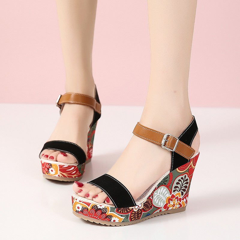 Embroidered Floral Wedge Sandals Women