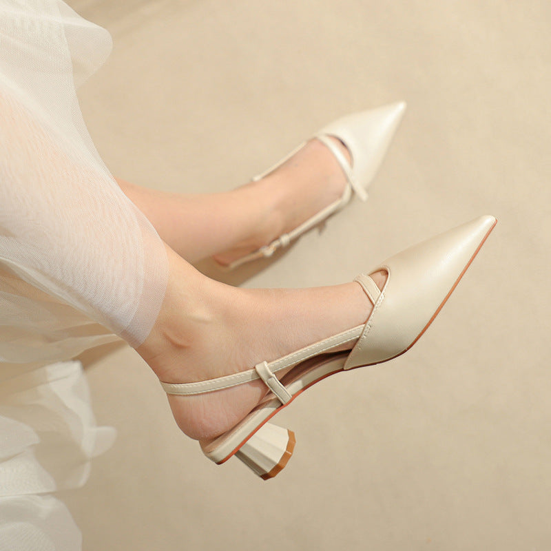 Chunky Low Heel Pointed Leather Sandals