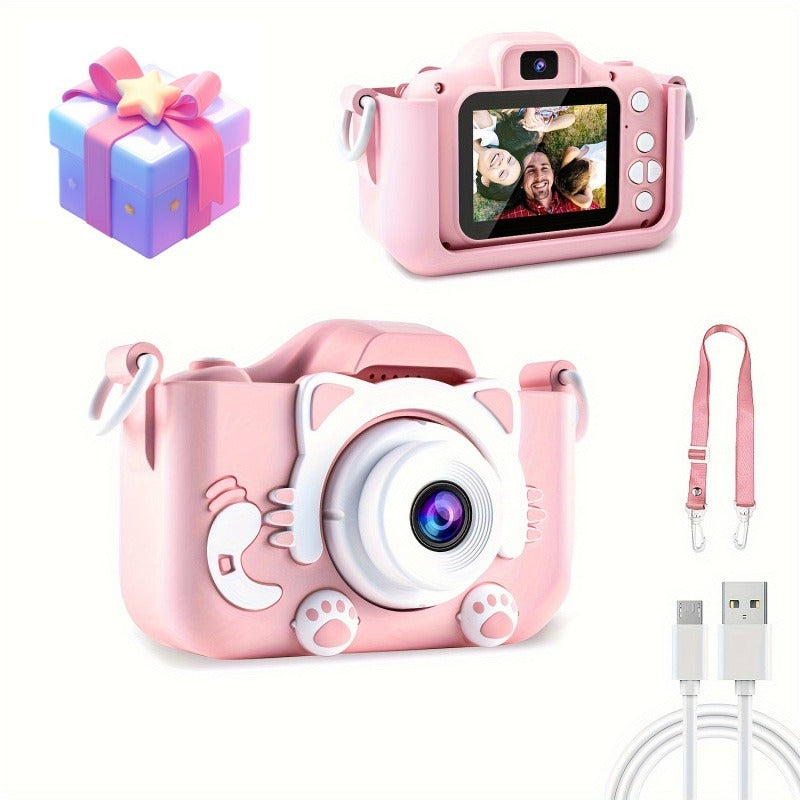 Pink Cat Kids Camera with Selfie Filters