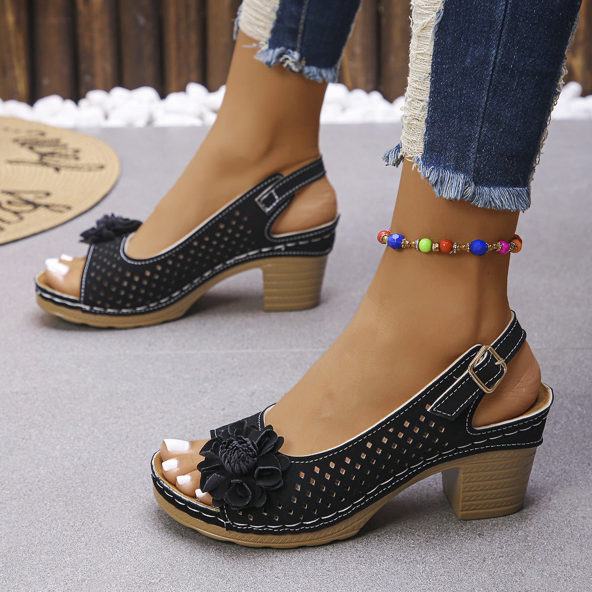 Plus Size Floral Buckle Heel Sandals