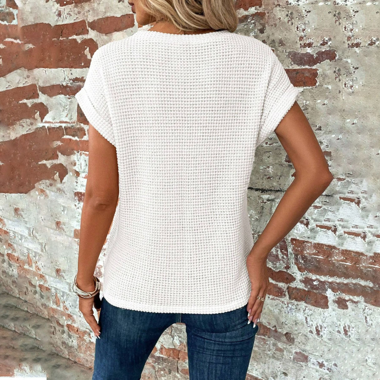Waffelstrick-Rundhals-T-Shirt für Damen