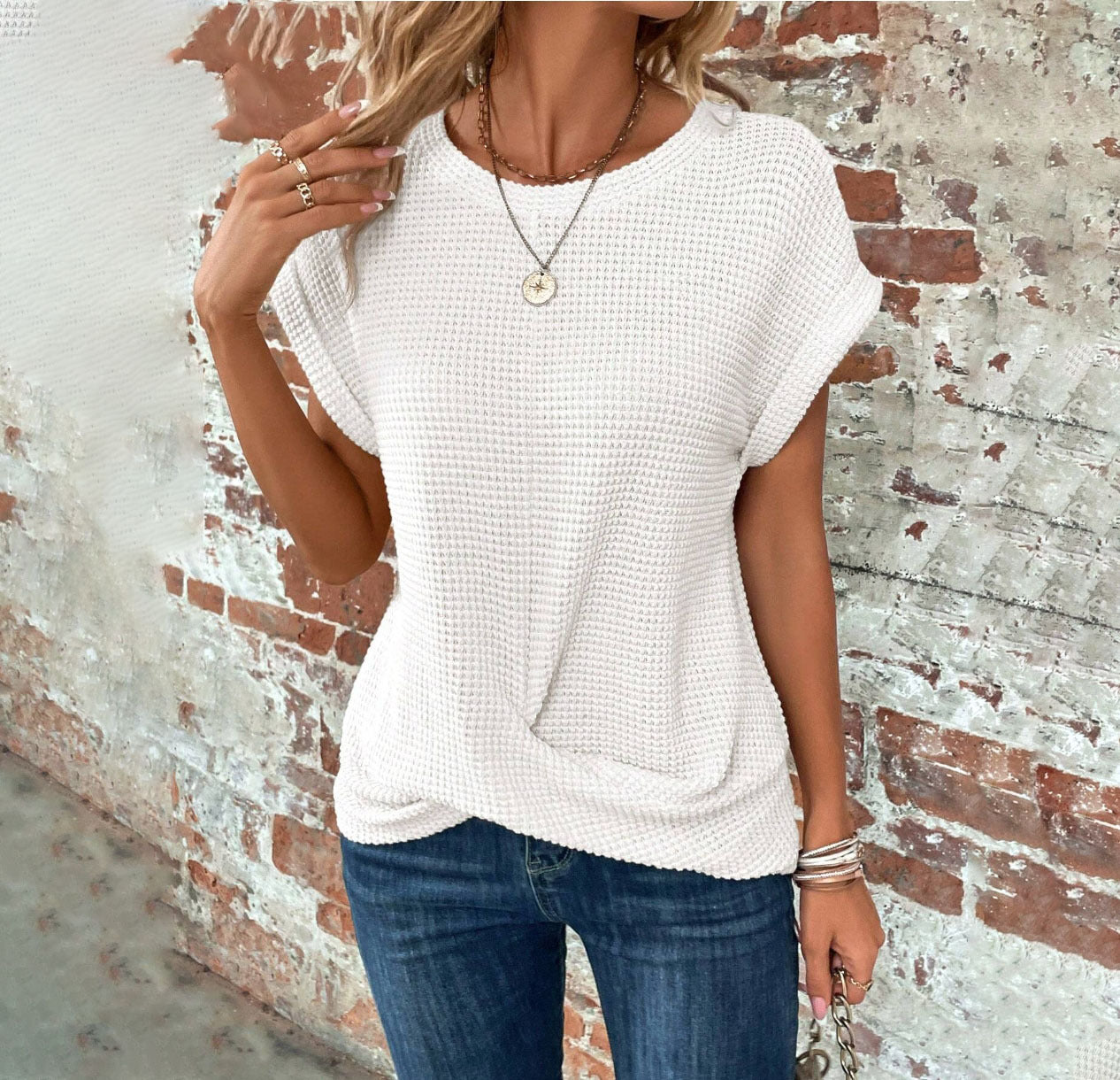 Waffelstrick-Rundhals-T-Shirt für Damen