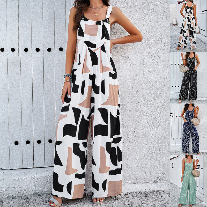 Bedruckter Jumpsuit mit quadratischem Ausschnitt und Taschen