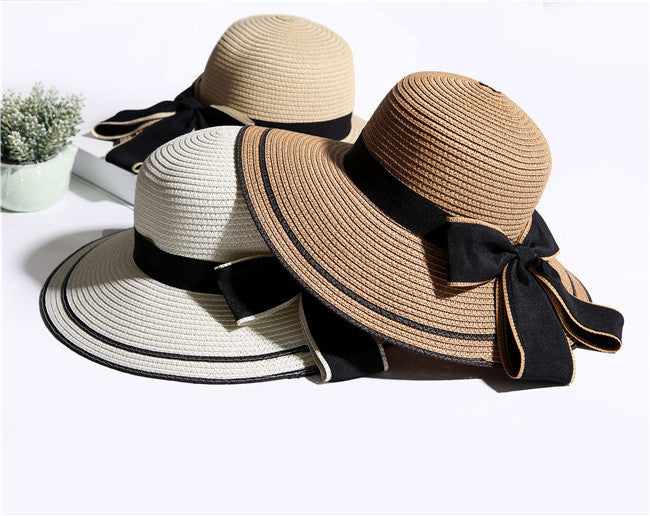 Sonnenhut Große Schwarze Schleife Sommerhüte Für Frauen Faltbarer Strohstrand Panamahut Visier Breite Krempe Femme Weiblich Neu