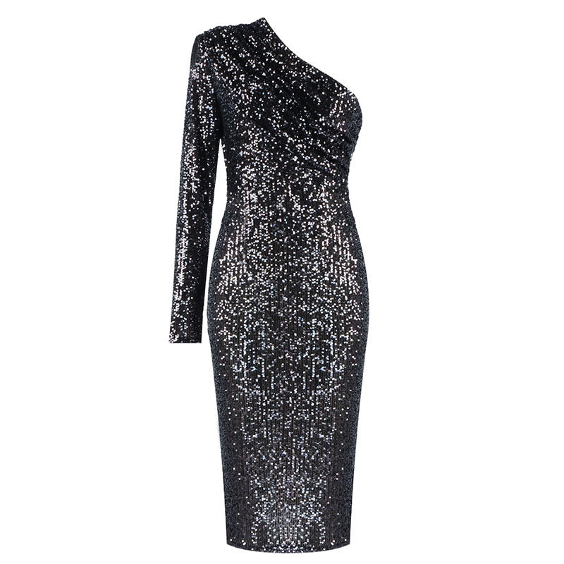 Sequin One-Shoulder Evening Dress