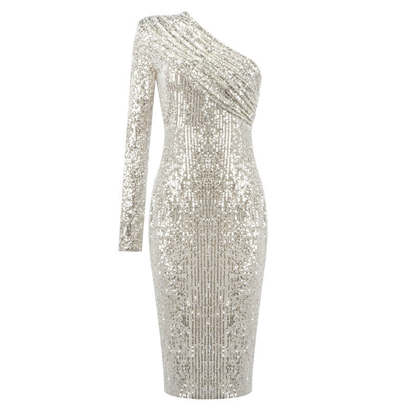 Sequin One-Shoulder Evening Dress