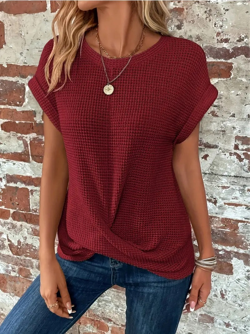 Waffelstrick-Rundhals-T-Shirt für Damen