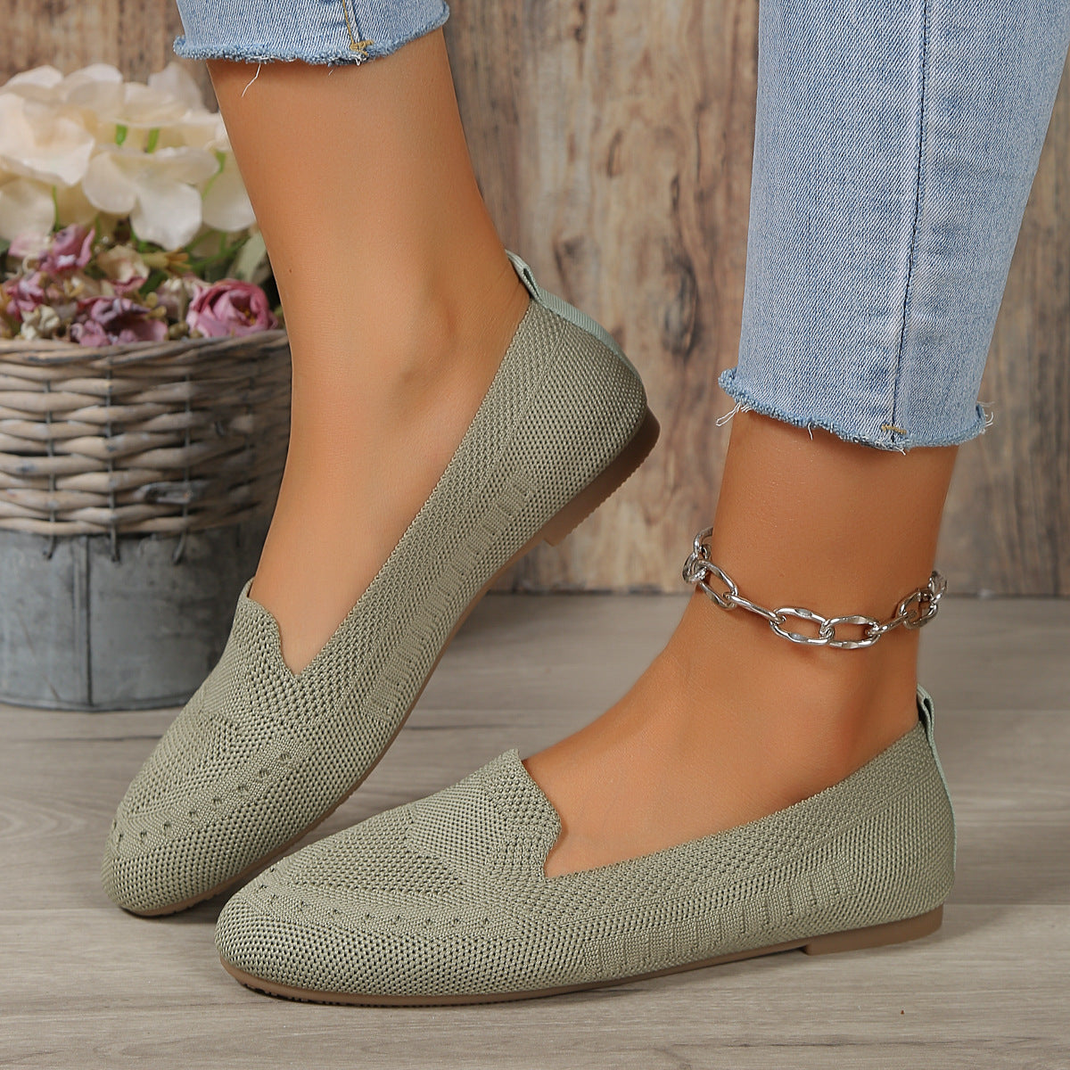 Fly Woven Mesh Slip-on Freizeitschuhe mit flacher Sohle
