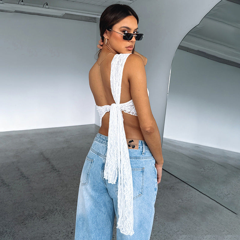 Rückenfreies, asymmetrisches Spitzentop – Damen