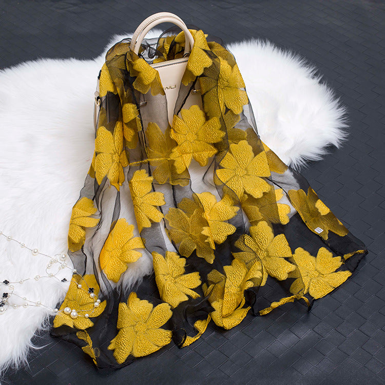 Foulard en soie simulée creuse à fleurs coupées