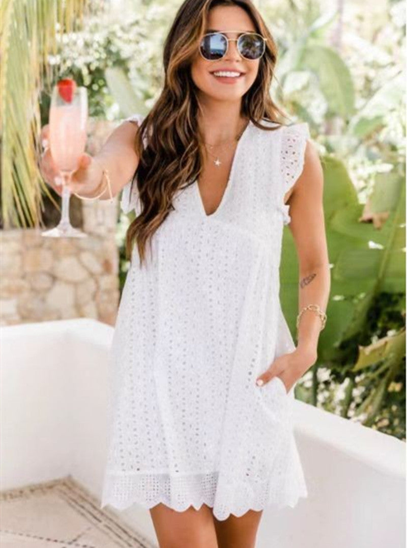 Lace Pocket V-Neck Sleeveless Beach Dress