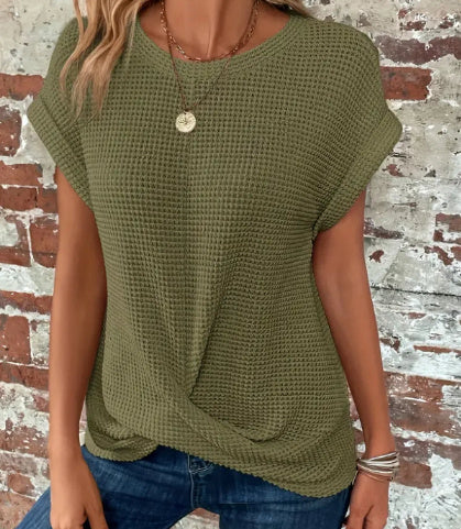 Waffelstrick-Rundhals-T-Shirt für Damen