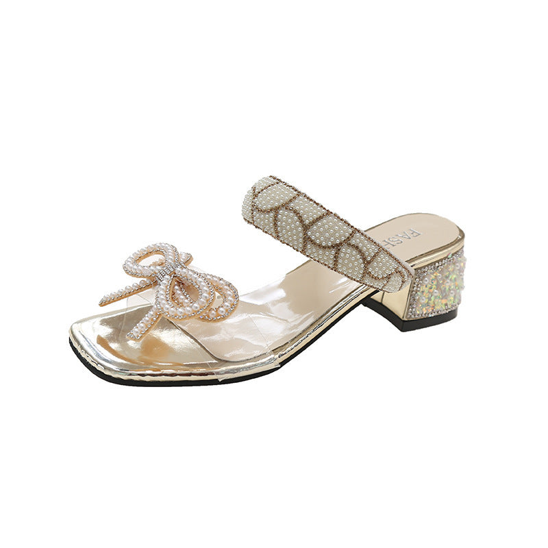 Transparente Sandalen mit Schleife und klobigem Absatz