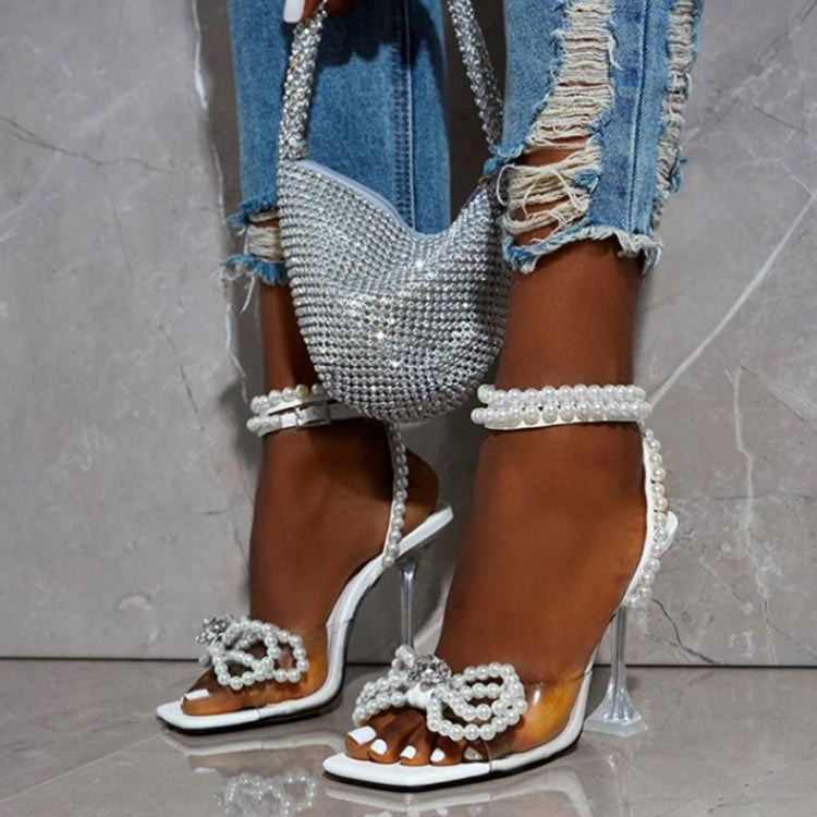 Pearl Bow Square Toe High Heel Sandals