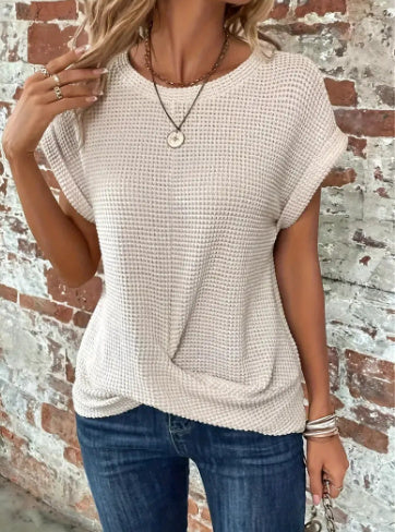 Waffelstrick-Rundhals-T-Shirt für Damen