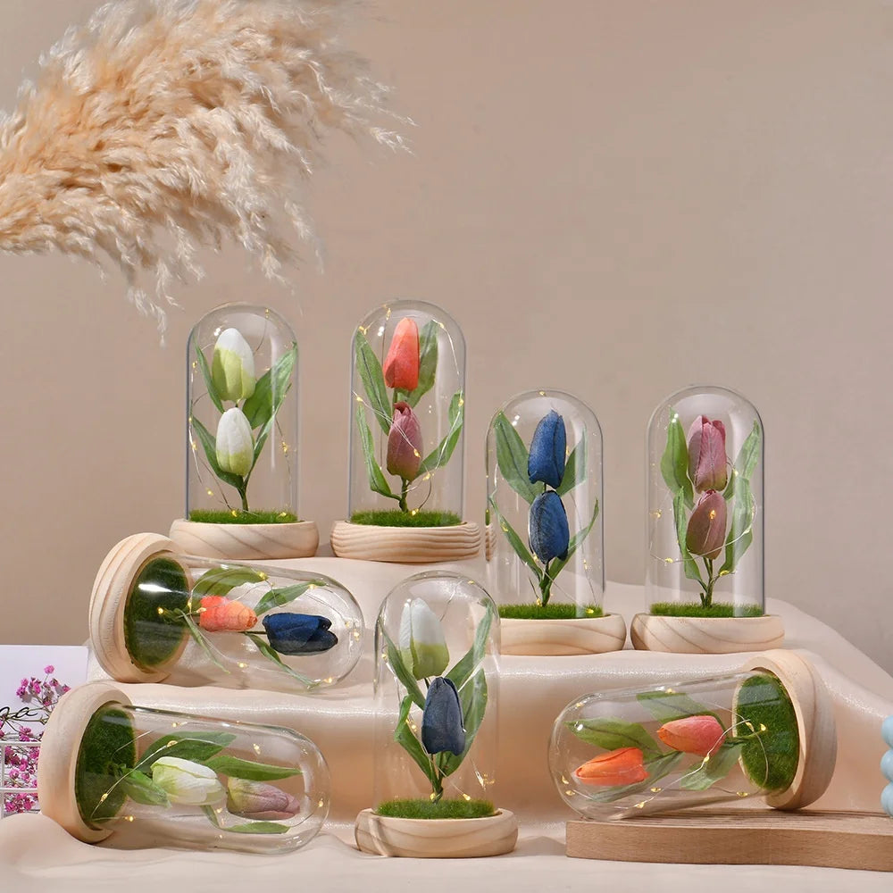 LED Glass Dome White Tulips Gift Decor