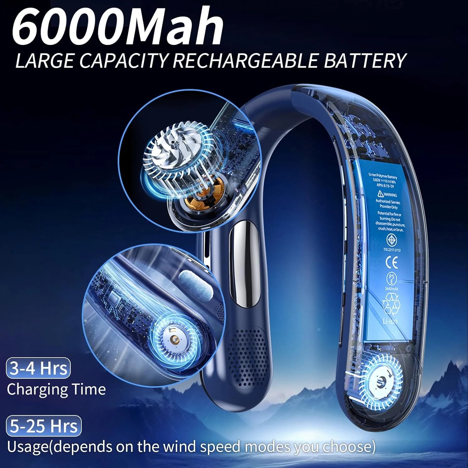 Tragbarer Nackenventilator, 6000 mAh, flügellos