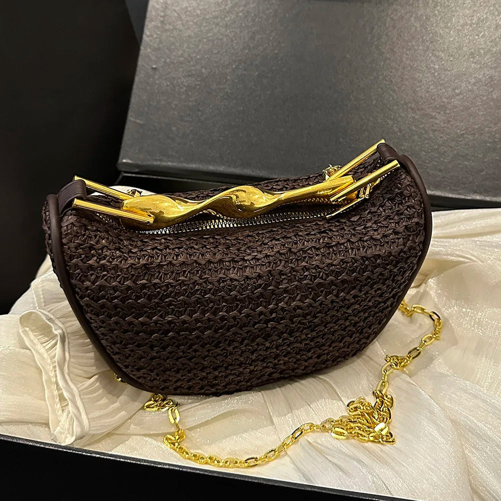 Women Knitting Sling Straw Crossbody Bag