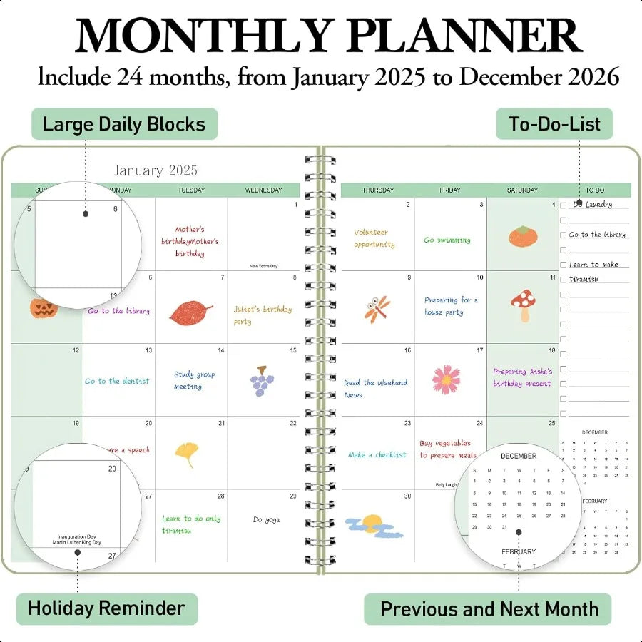 2025–2026 Monthly Calendar Book Green