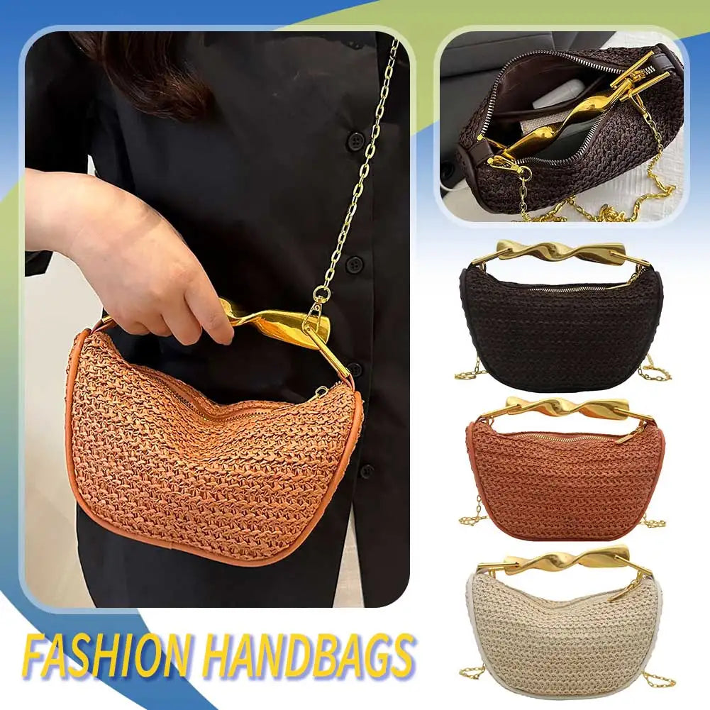 Women Knitting Sling Straw Crossbody Bag