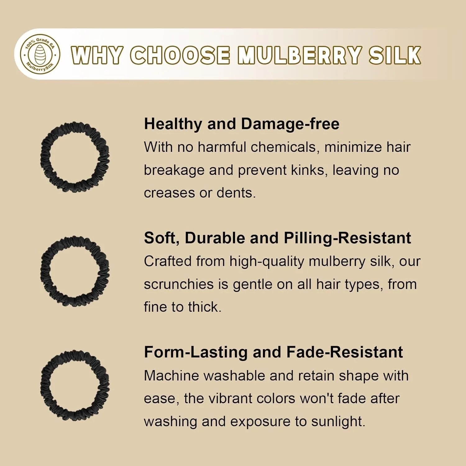 Black Mulberry Silk Scrunchies – 4 Pack