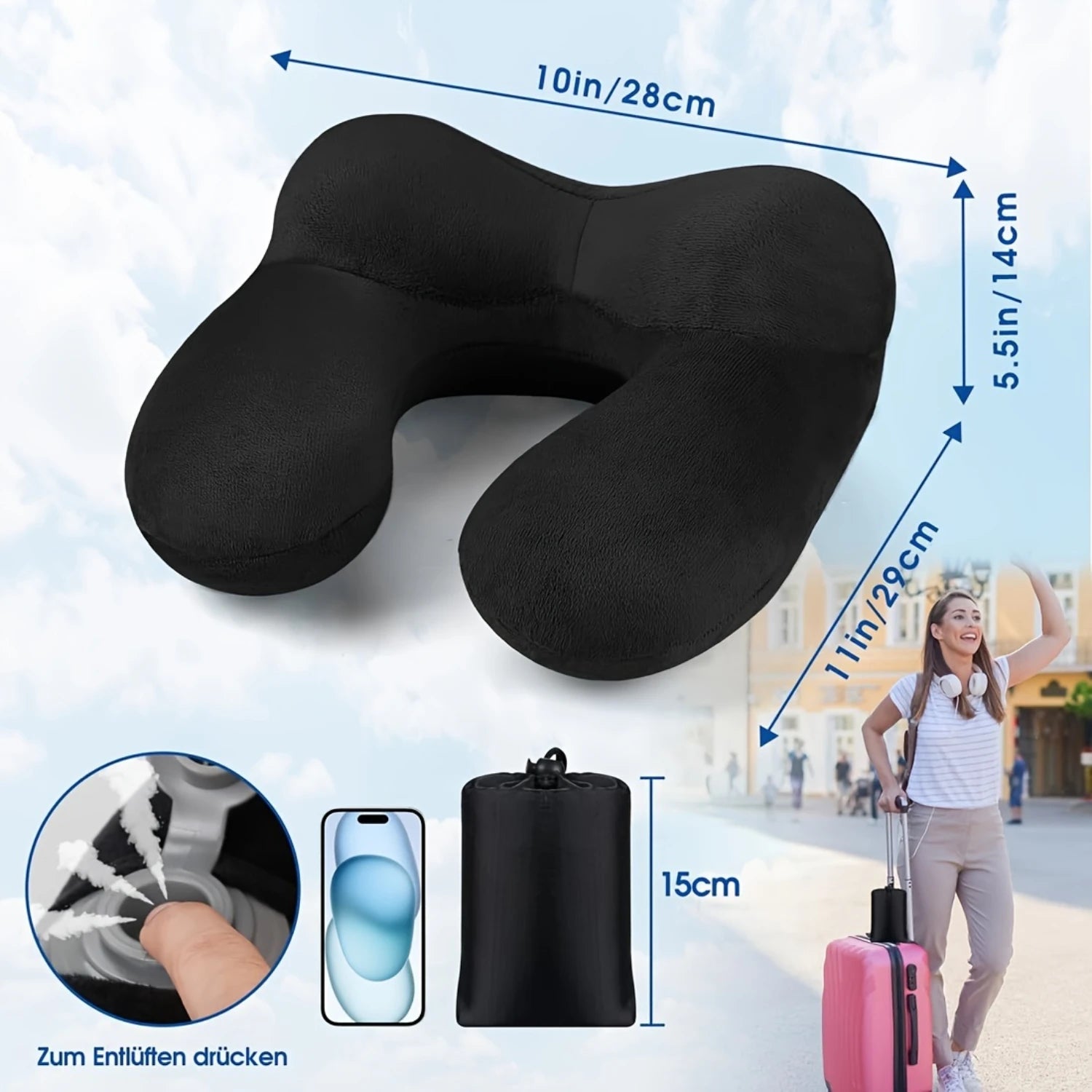 Inflatable Velvet Neck Pillow + Earplugs