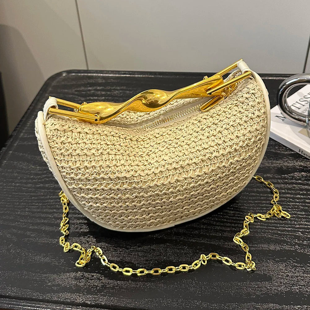 Women Knitting Sling Straw Crossbody Bag