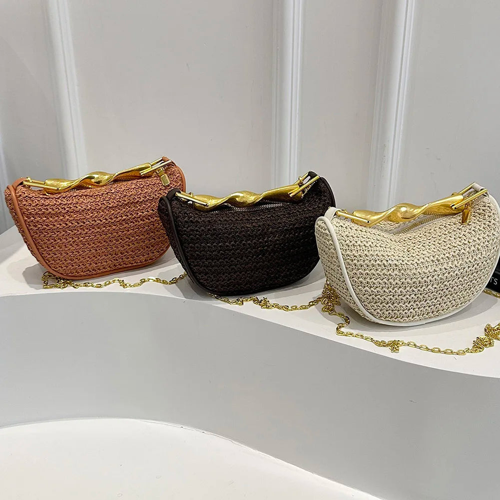 Women Knitting Sling Straw Crossbody Bag