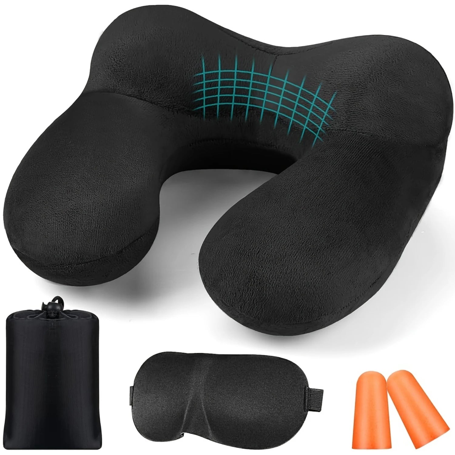 Inflatable Velvet Neck Pillow + Earplugs