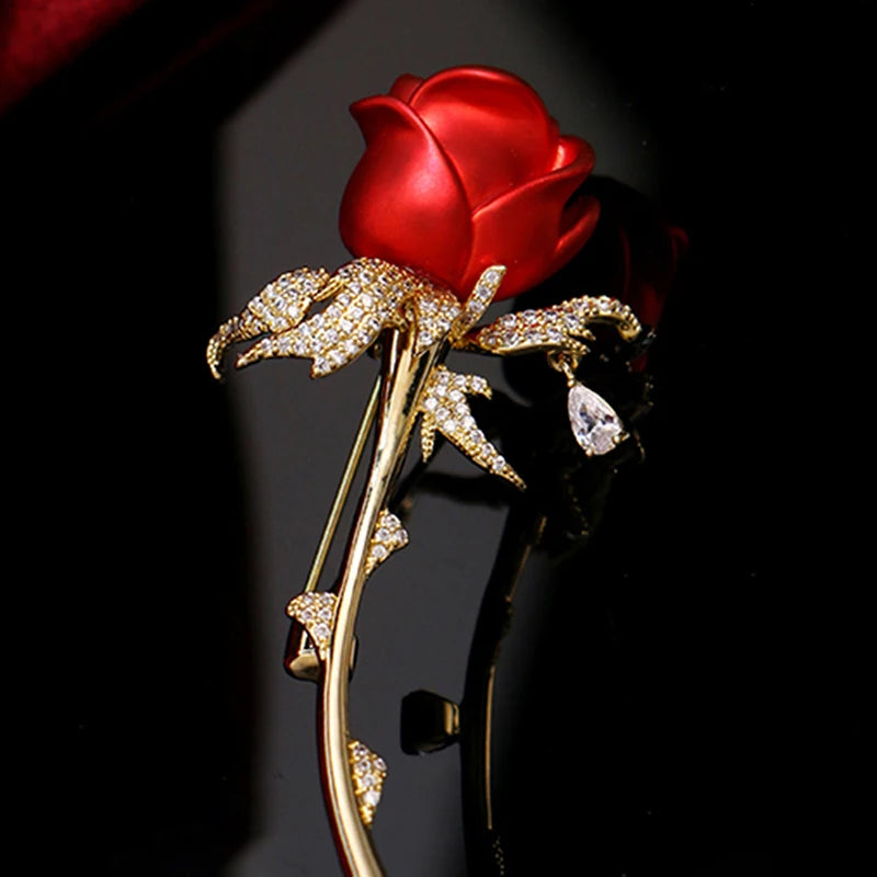 Rhinestone Red Rose Flower Brooch