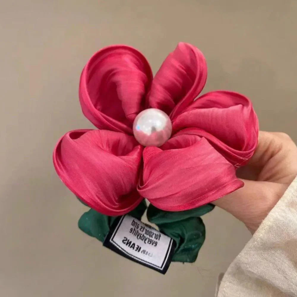 Elegant Pearl Rhinestone Flower Scrunchies