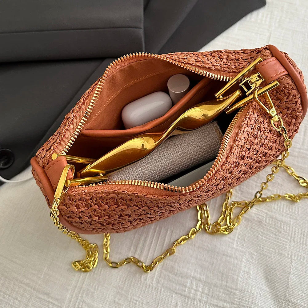 Women Knitting Sling Straw Crossbody Bag
