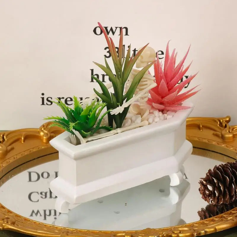Coffin Skull Fake Plant with Succulents