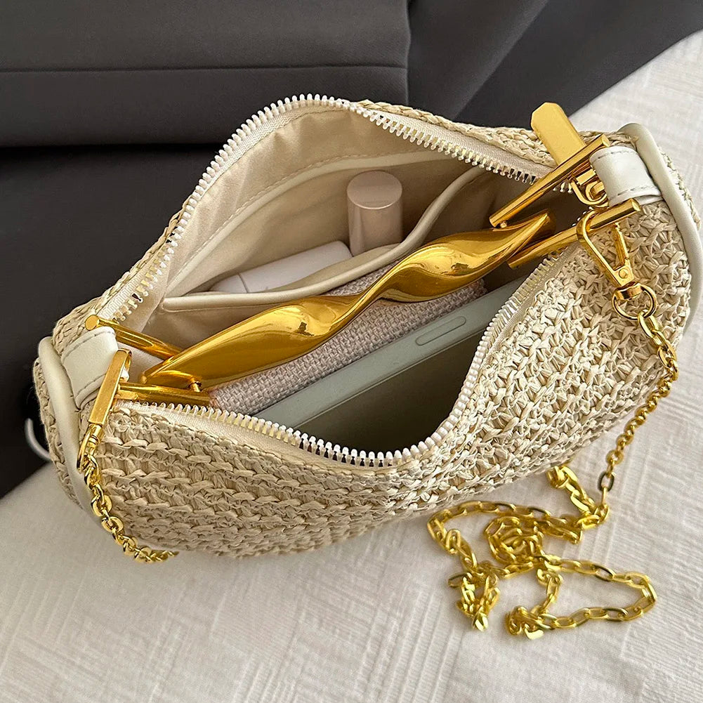 Women Knitting Sling Straw Crossbody Bag