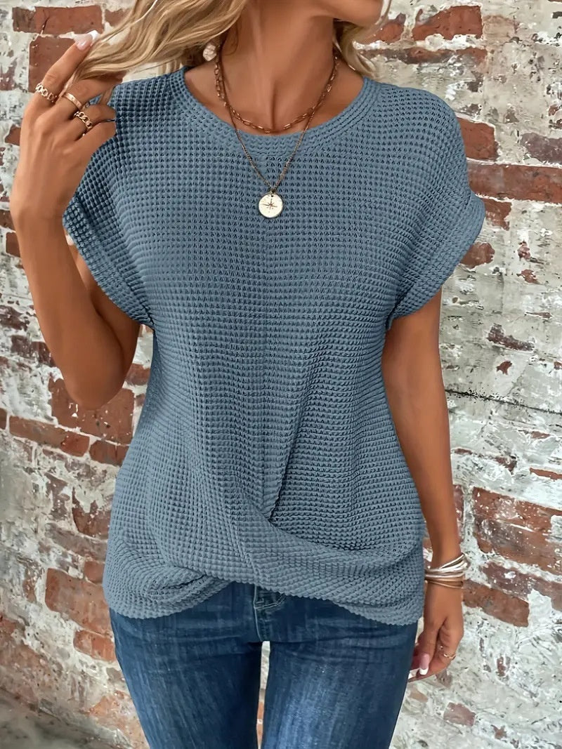 Waffelstrick-Rundhals-T-Shirt für Damen