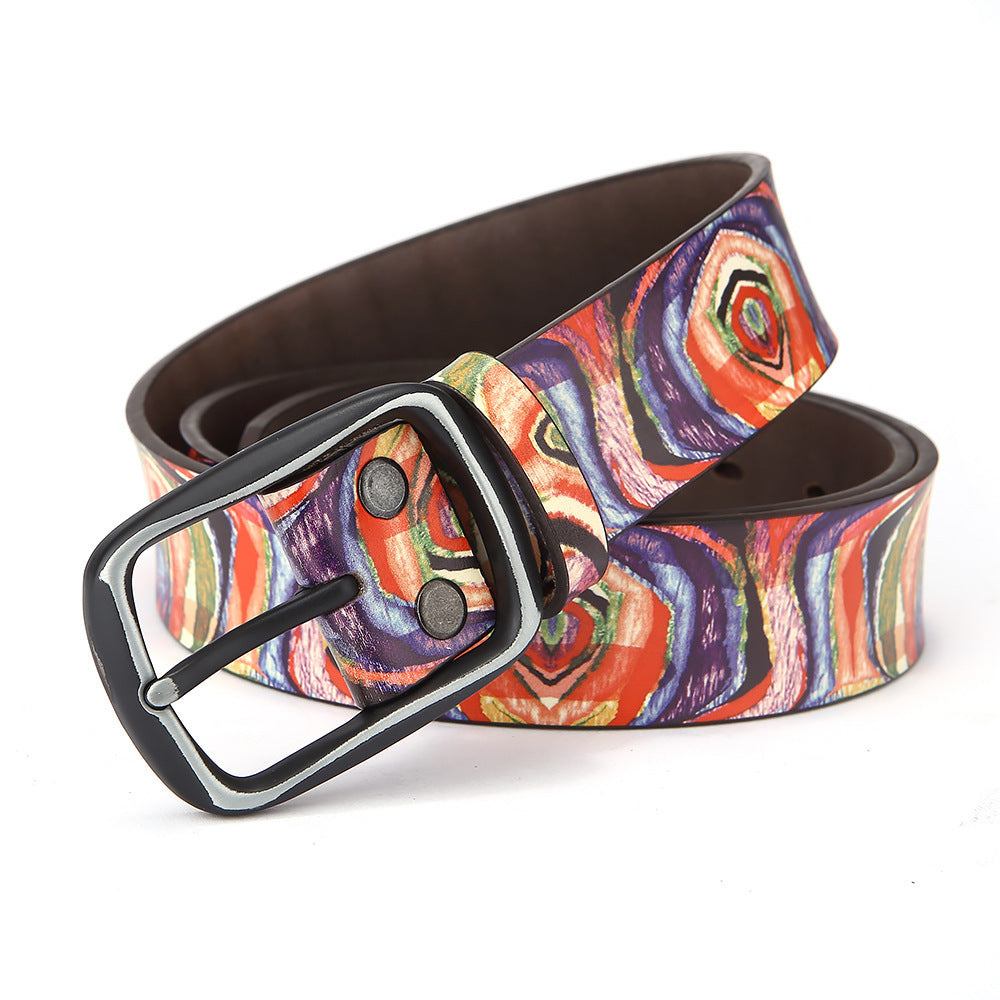 Ceinture en cuir de vachette à motif graffiti arc-en-ciel