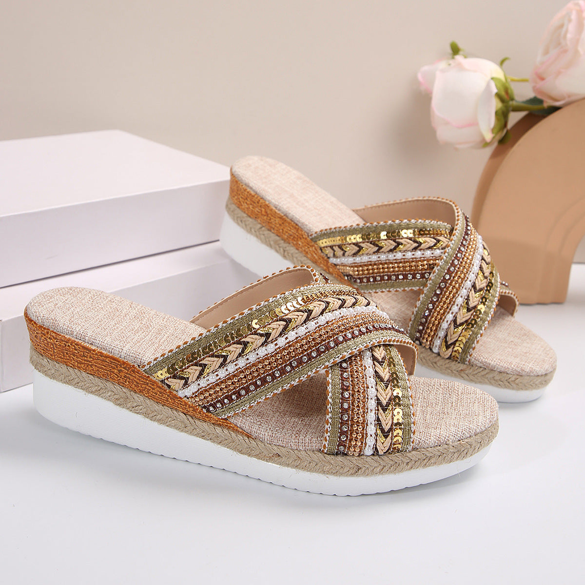 Linen Cross-Strap Wedge Beach Sandals