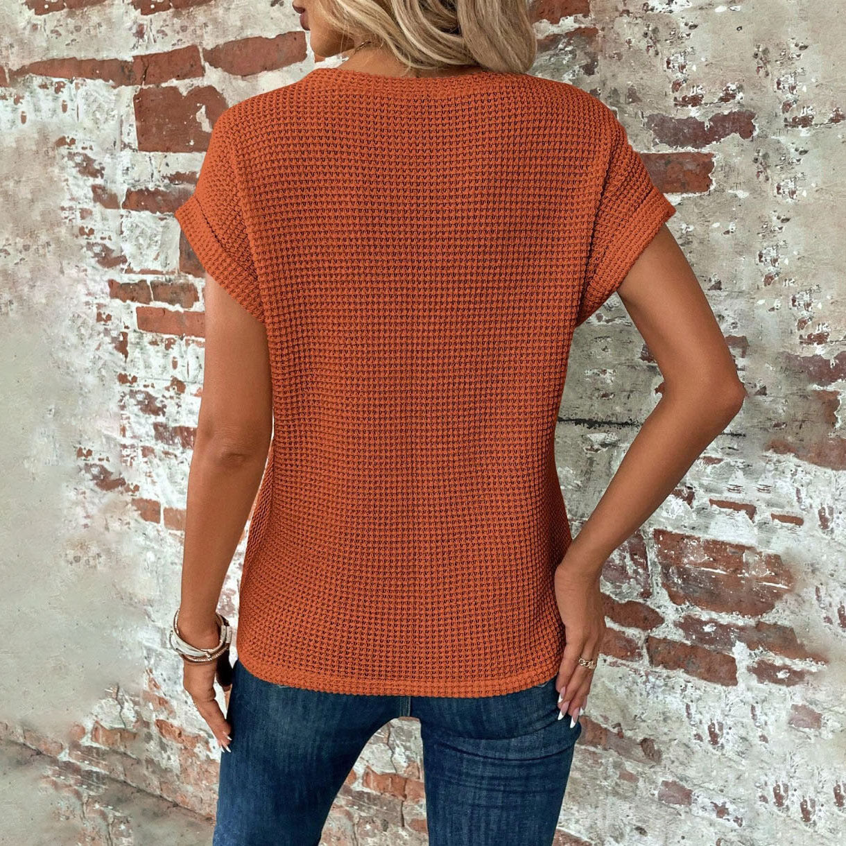 Waffelstrick-Rundhals-T-Shirt für Damen