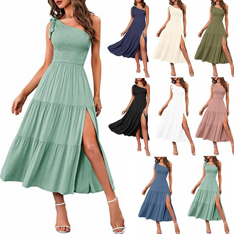 One-Shoulder Pleated Summer Dress