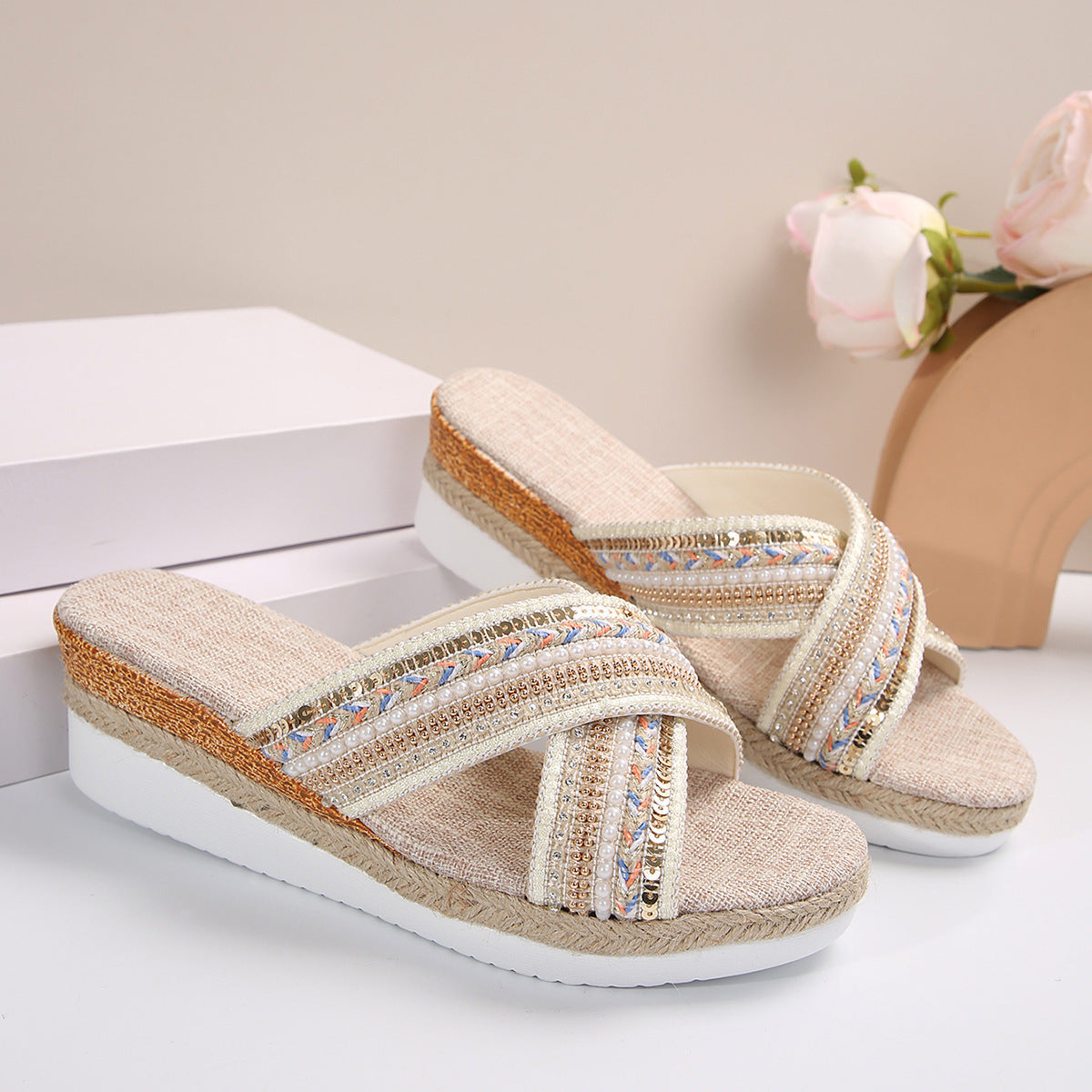 Linen Cross-Strap Wedge Beach Sandals