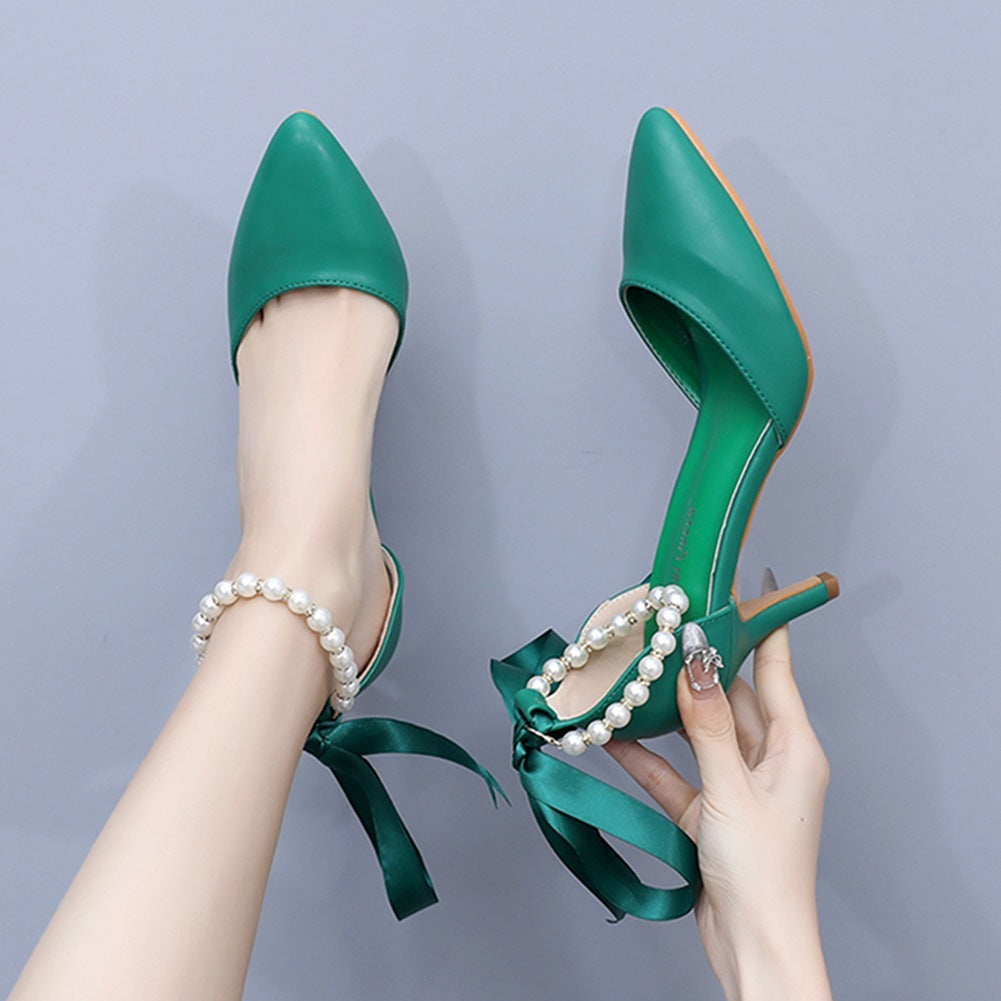 Mid Heel Rhinestone Ribbon Dress Sandals